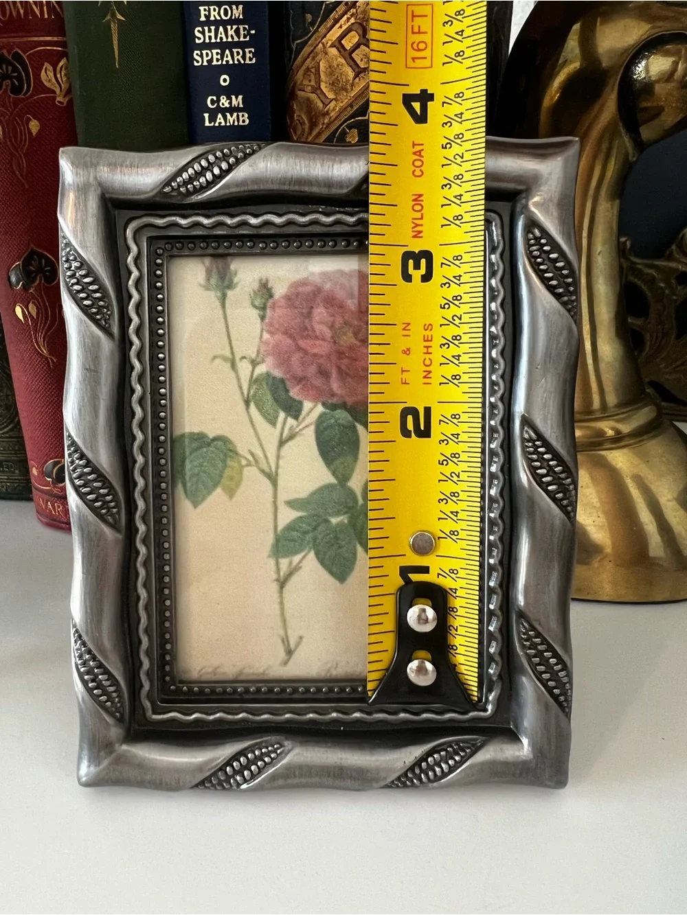 Vintage Pewter Tone Picture Frame with Botanical Image